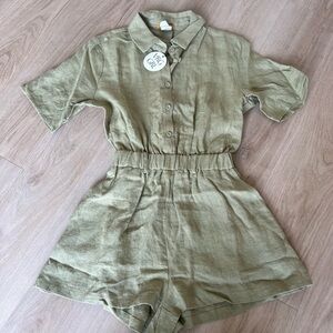 Olive Green Linen Romper - Unbranded